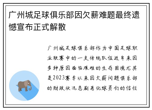 广州城足球俱乐部因欠薪难题最终遗憾宣布正式解散