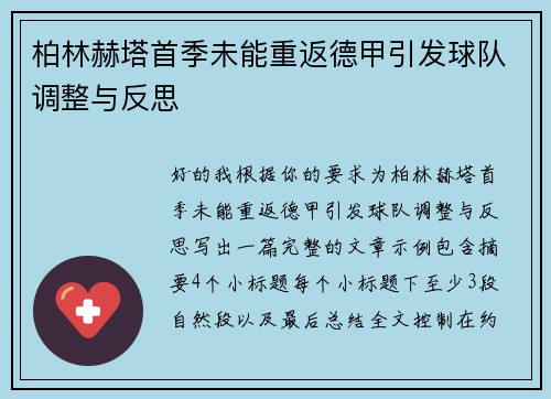 柏林赫塔首季未能重返德甲引发球队调整与反思