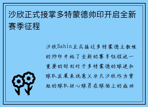 沙欣正式接掌多特蒙德帅印开启全新赛季征程