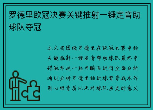 罗德里欧冠决赛关键推射一锤定音助球队夺冠
