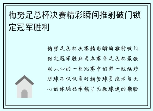 梅努足总杯决赛精彩瞬间推射破门锁定冠军胜利