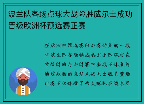 波兰队客场点球大战险胜威尔士成功晋级欧洲杯预选赛正赛